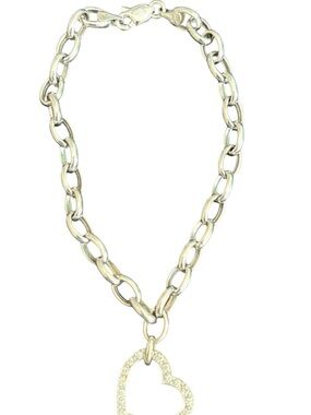 Sterling silver Link Chain bracelet with diamond Heart Pendant